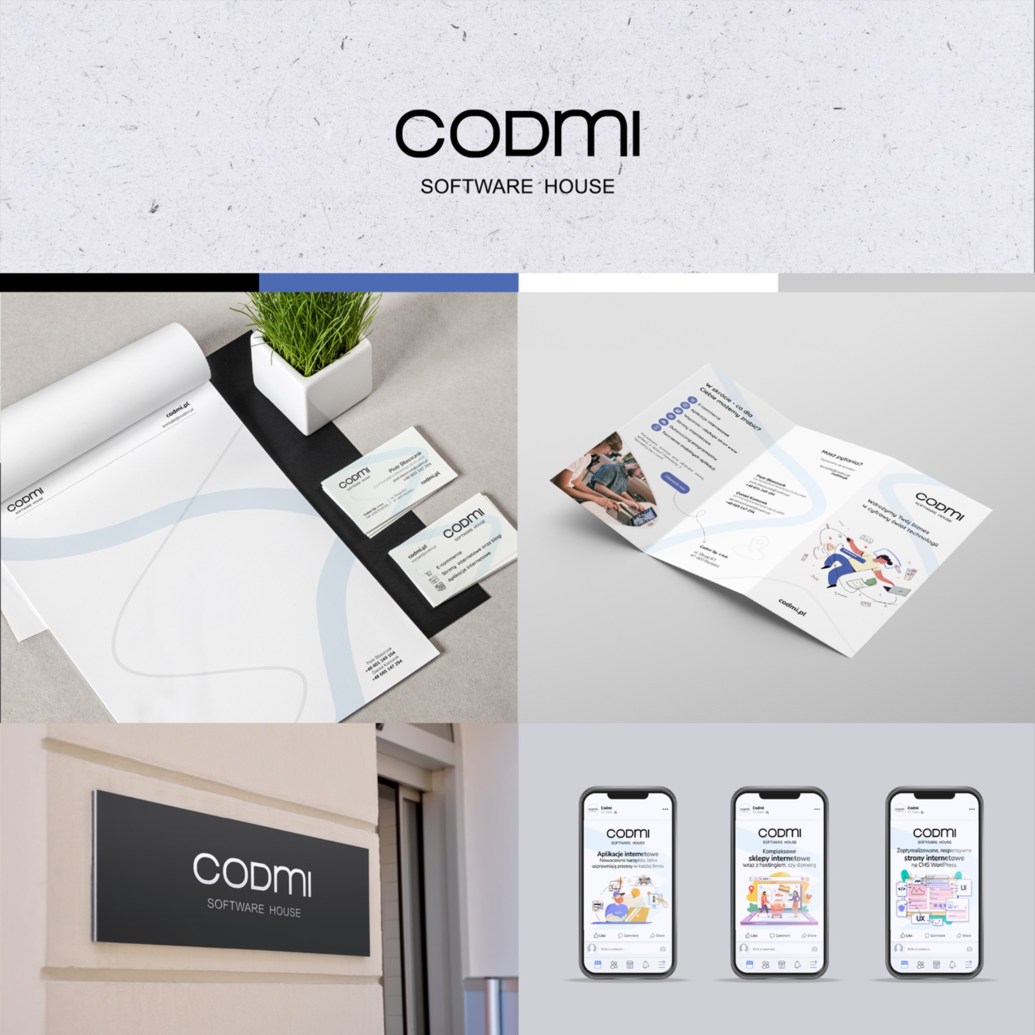 Zestaw materiałów reklamowych firmy Codmi Software House: wizytówki, papier firmowy, ulotka i prezentacja aplikacji na smartfonach, całość utrzymana w stonowanej kolorystyce.