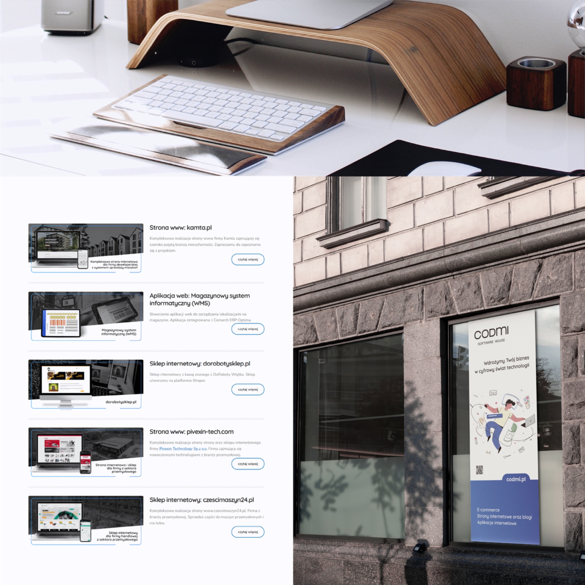 Minimalistyczne biurko z drewnianym podwyższeniem na monitor, klawiaturą Apple i głośnikiem Bose, prezentujące nowoczesne miejsce pracy grafika komputerowego.