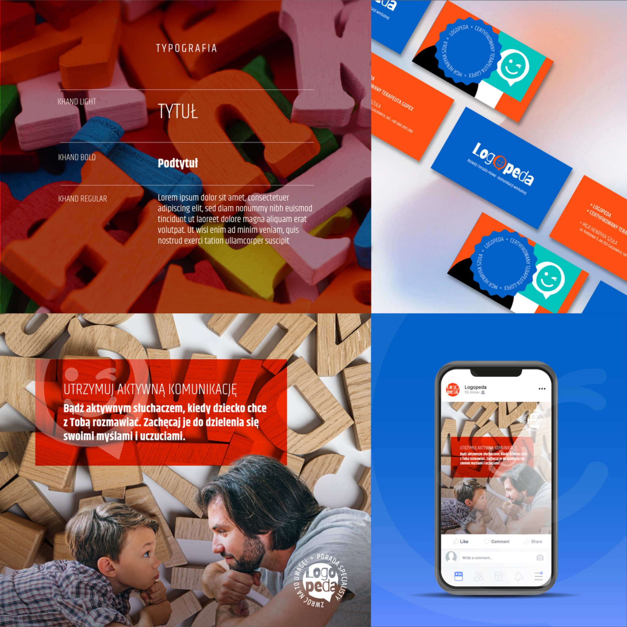 Kompozycja wizualna łącząca elementy typograficzne, wizytówki logopedyczne oraz symulację posta z mediów społecznościowych z ojcem i synem, promująca aktywne słuchanie w komunikacji.