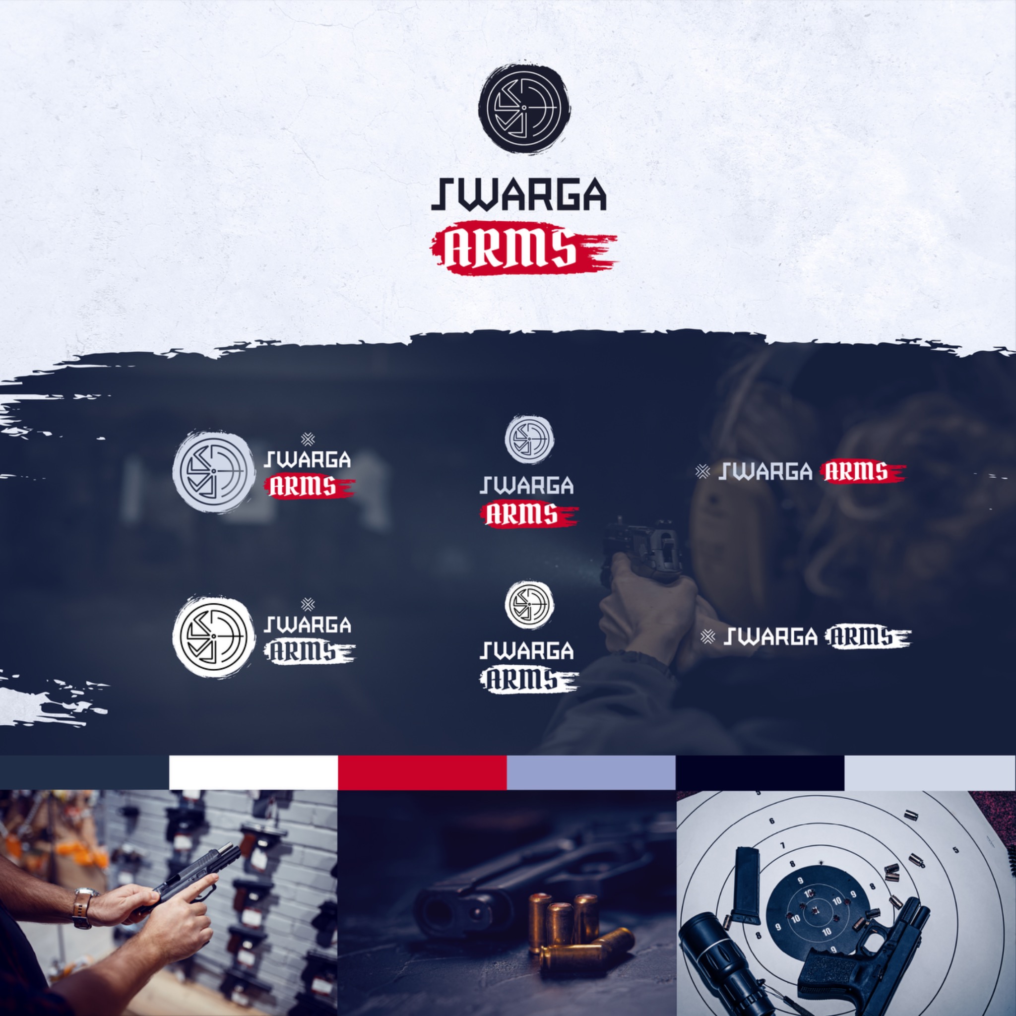 Kompozycja graficzna prezentująca logo firmy Swarga Arms w różnych wariantach i ujęciach, w tym strzelca z pistoletem, amunicję i tarczę strzelecką.