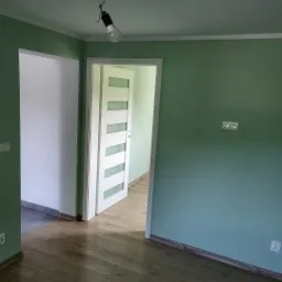 Świeżo pomalowane na zielono wnętrze w Grudziądzu z drewnopodobną podłogą, białą futryną drzwiową i wiszącą żarówką bez klosza.