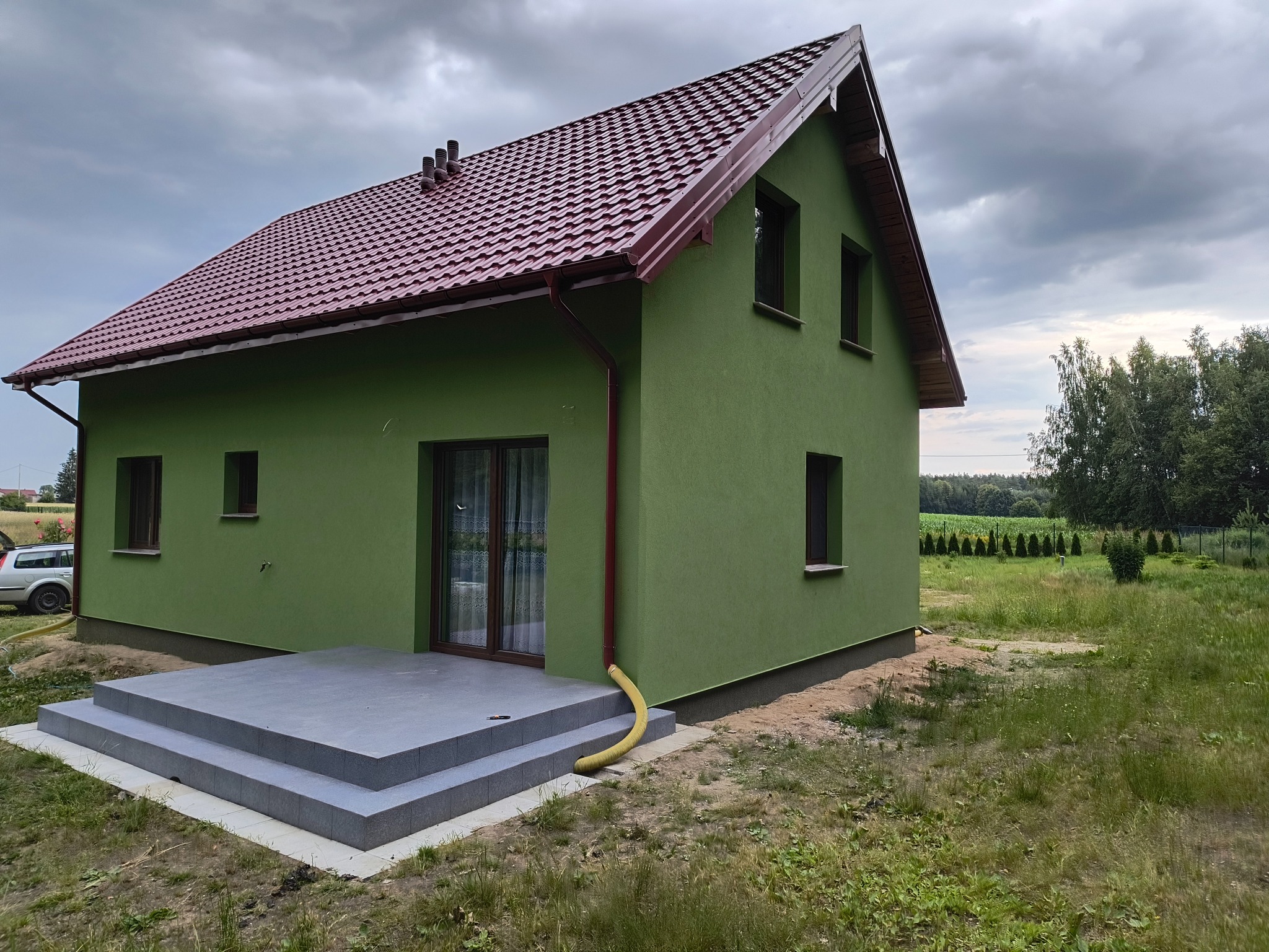 Nowo wybudowany dom z zieloną elewacją, bordowym dachem i szarym tarasem wejściowym, otoczony wysoką trawą i pochmurnym niebem.