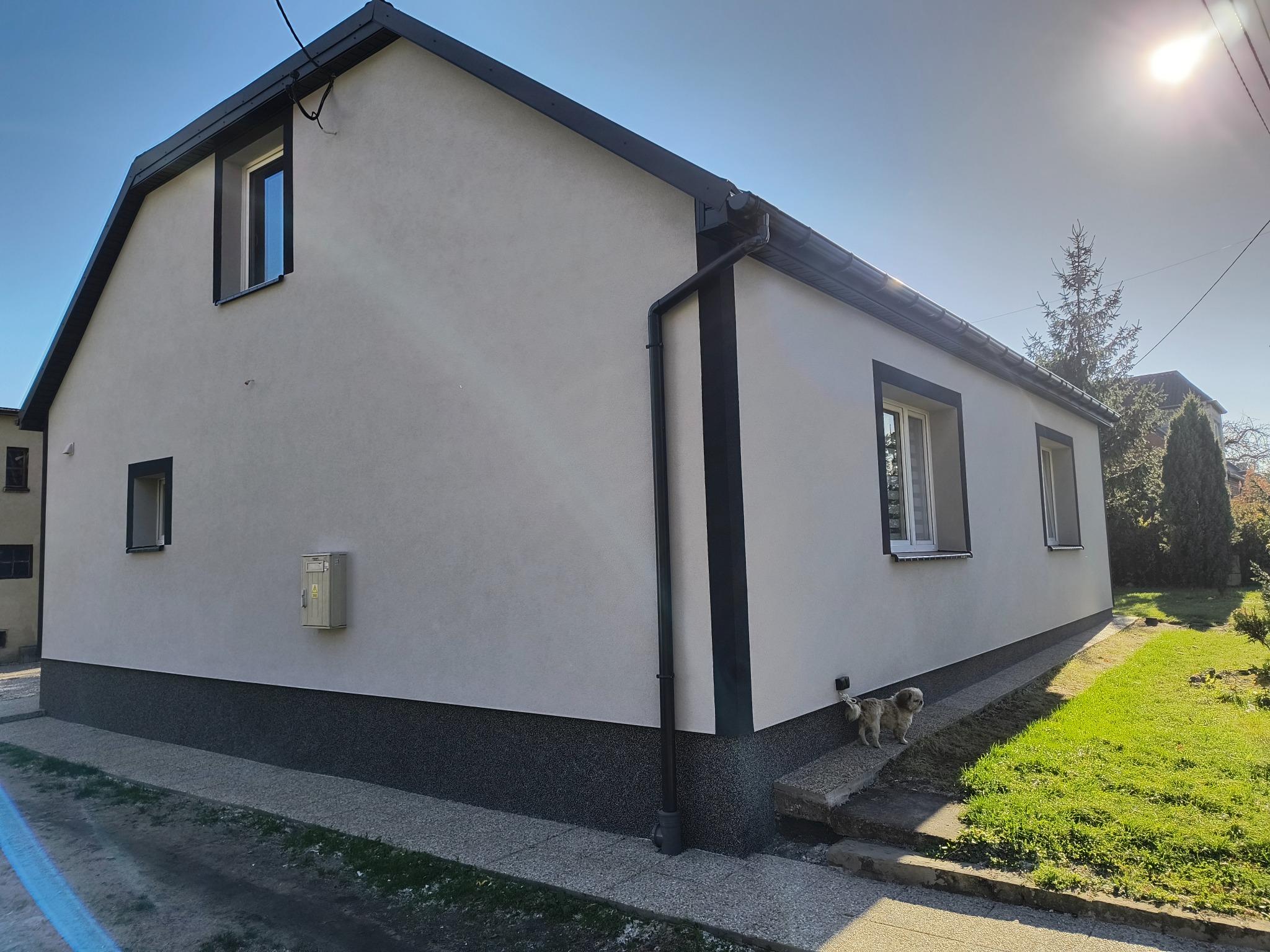 Jasny dom z ciemnymi akcentami wykończeniowymi, widoczny fragment elewacji, okna i rynny, mały piesek na schodach.