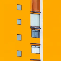 Fragment pomarańczowej fasady budynku z oknami o różnych rozmiarach i zasłonami, widok z dołu.
