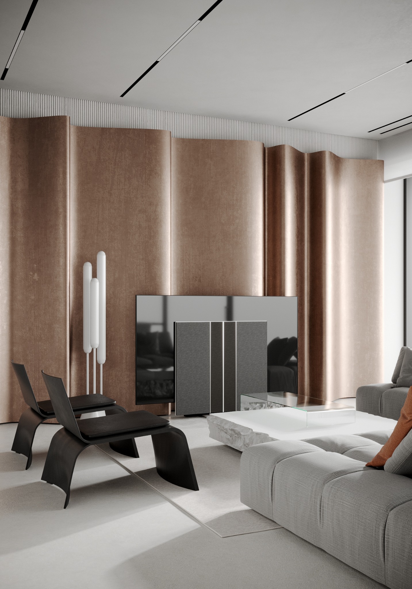 Minimalistyczny salon z falującą ścianą w odcieniach brązu, czarnymi krzesłami o organicznym kształcie i szarą sofą modułową.