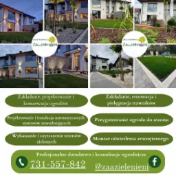 Kompozycja zdjęć przedstawiających nowoczesne ogrody z oświetleniem, trawniki z obrzeżami i ścieżki żwirowe, promująca usługi ogrodnicze z logo 'Zaazielenieni' i danymi kontaktowymi.