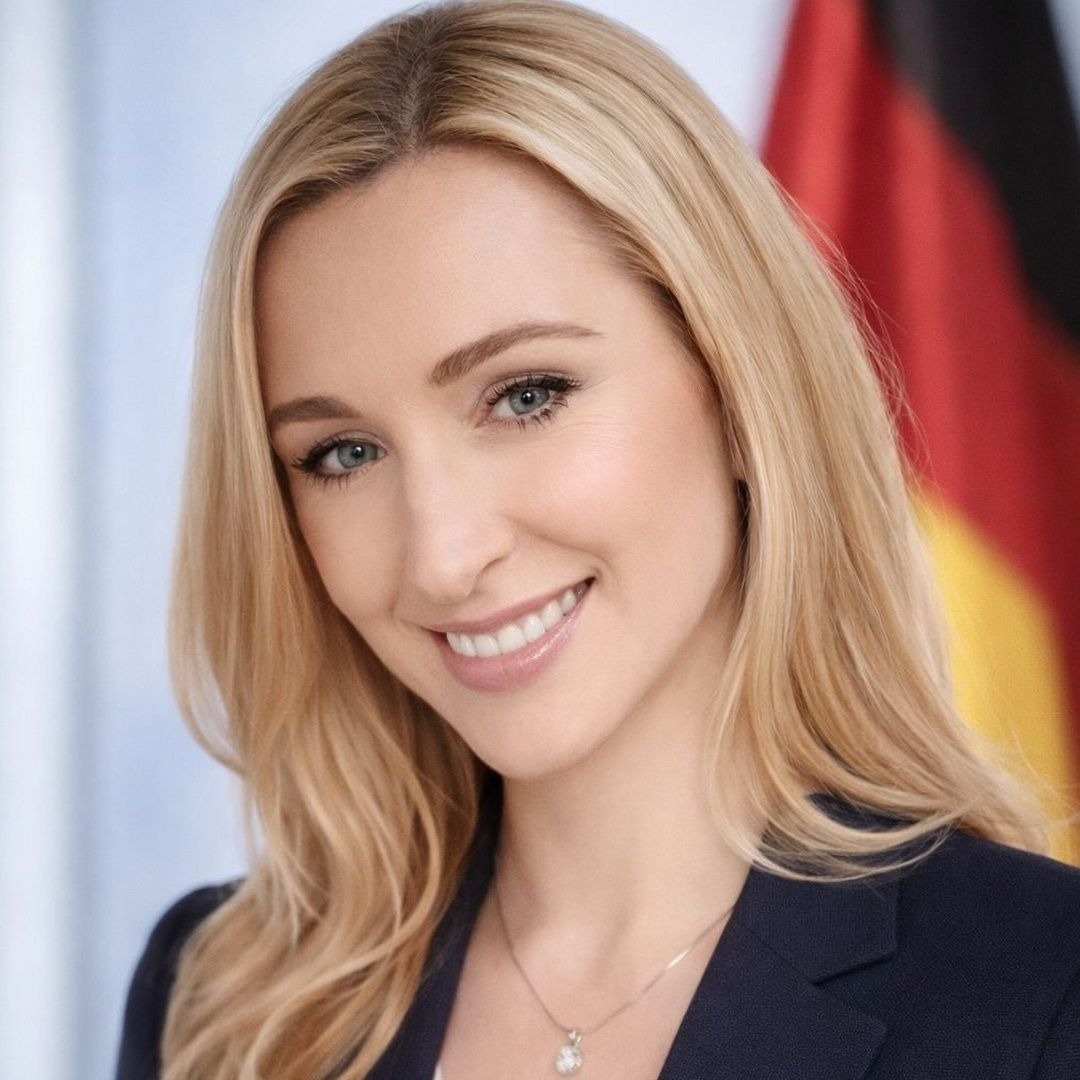 Uśmiechnięta blondynka w granatowej marynarce, z flagą Niemiec w tle. Profesjonalny portret.