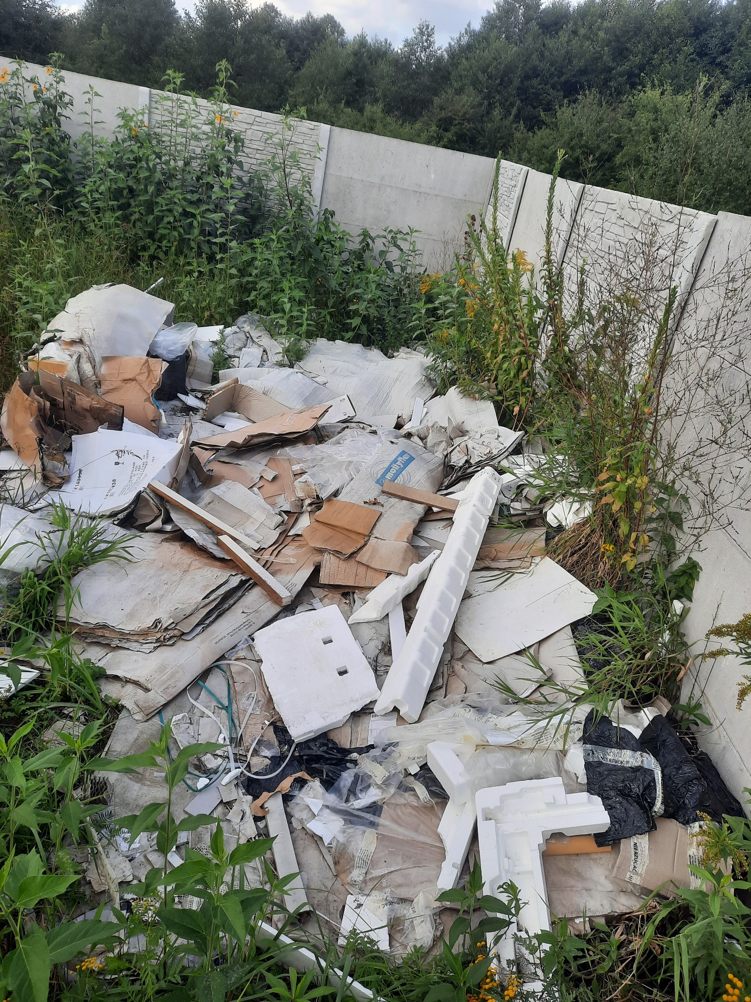 Stos kartonów, styropianu i innych odpadów budowlanych leżący na ziemi przy betonowym ogrodzeniu porośniętym roślinnością.