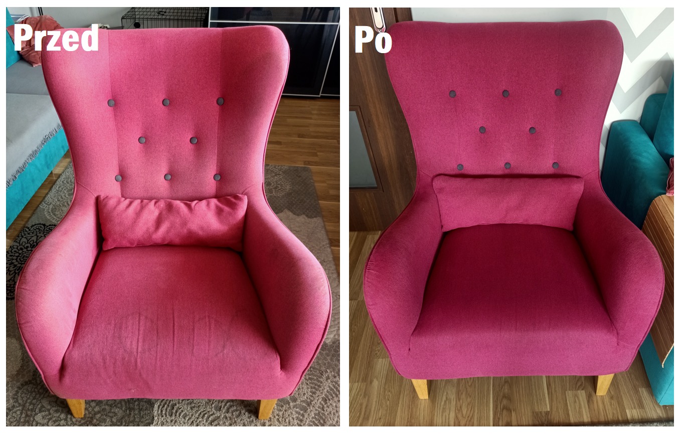 Różowy fotel typu uszak przed i po czyszczeniu, widoczne różnice w odcieniu i plamach na siedzisku.
