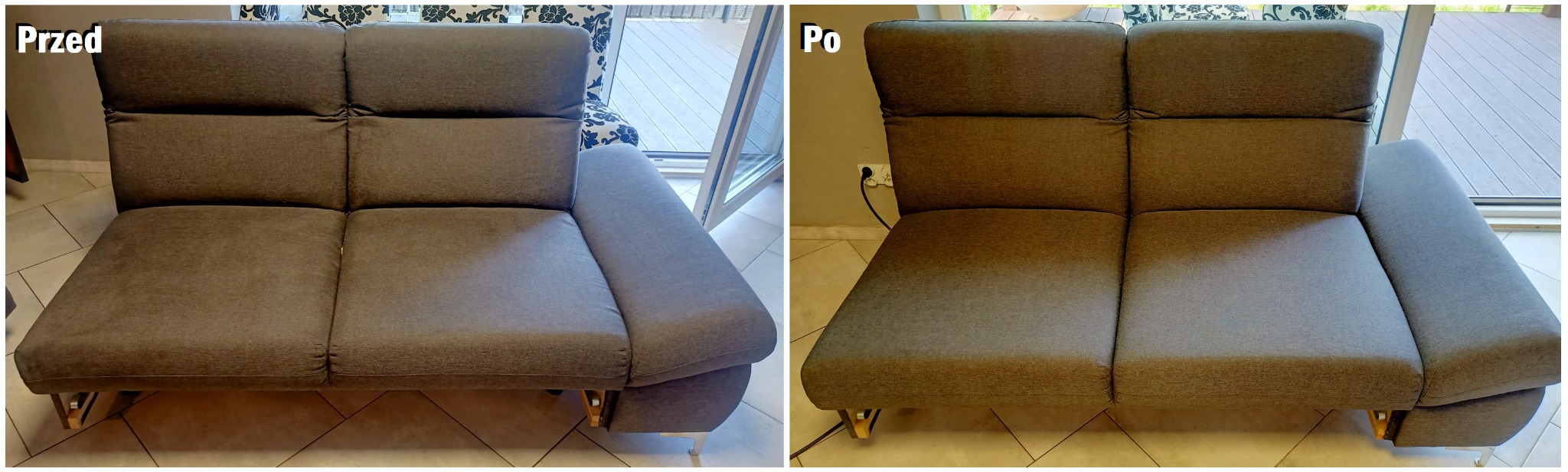 Dwu-segmentowa sofa narożna z szarej tkaniny, widok przed i po czyszczeniu, różnica w odcieniu i plamach na siedzisku.