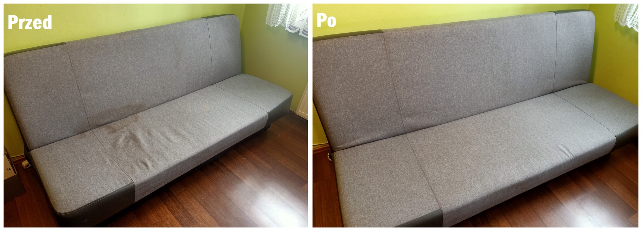 Szara kanapa przed i po czyszczeniu, widoczne różnice w czystości tapicerki na podzielonym zdjęciu.