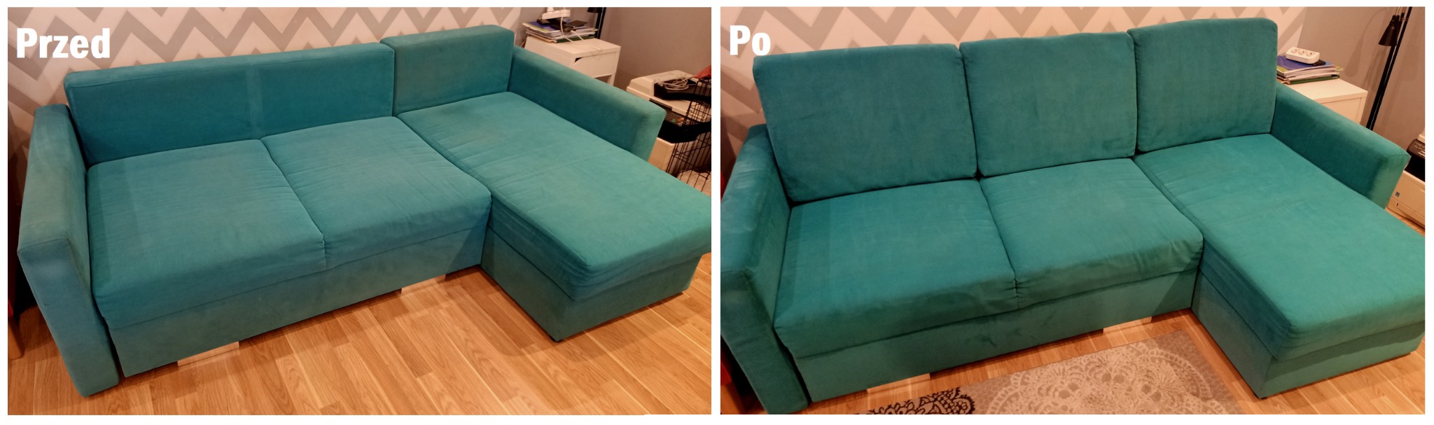 Turkusowa kanapa narożna przed i po czyszczeniu, widoczne różnice w odświeżeniu koloru i usunięciu plam, jasne tło z wzorem w zygzaki.