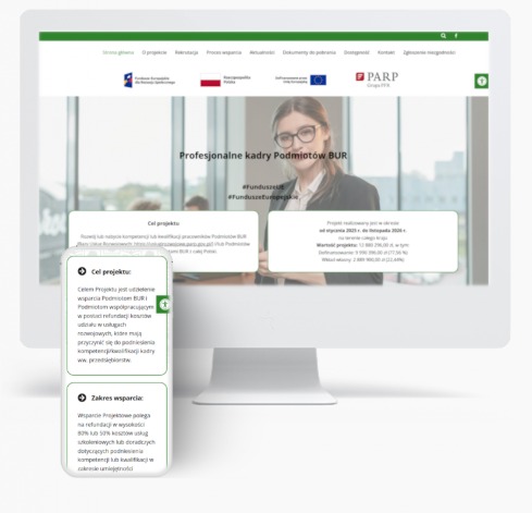 Ekran komputera i smartfona wyświetlające stronę internetową o programie wsparcia dla podmiotów BUR, z widoczną młodą kobietą w tle i informacjami o celach i zakresie wsparcia projektu.