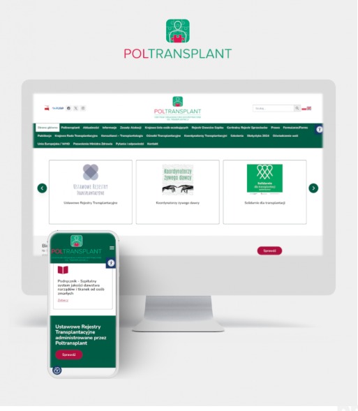 Prezentacja strony internetowej i aplikacji mobilnej Poltransplant na monitorze i smartfonie, wyświetlające Ustawowe Rejestry Transplantacyjne oraz informacje o koordynatorach żywego dawcy.