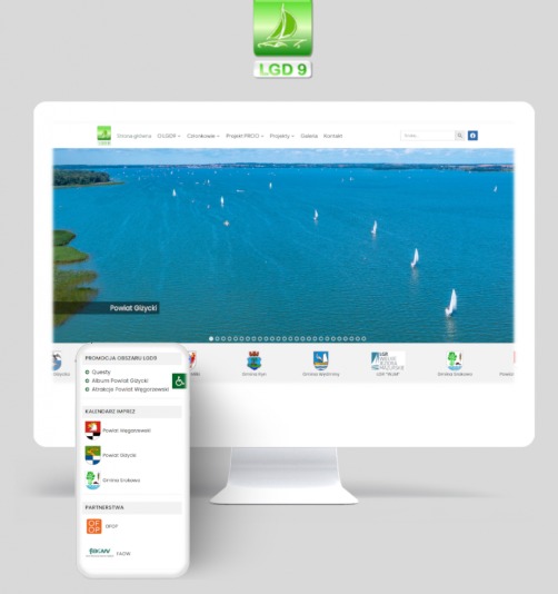 Prezentacja responsywnej strony internetowej na monitorze i smartfonie, widok na jezioro z żaglówkami, logo LGD9 w rogu.