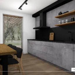 Wizualizacja nowoczesnej kuchni z szarymi betonowymi frontami szafek, czarnym blatem i drewnianymi półkami z dekoracjami, drewniany stół z niebieskimi wazonami w jadalni z widokiem na okno.