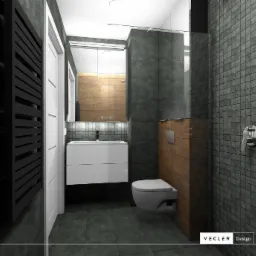 Wizualizacja nowoczesnej łazienki z szarymi płytkami, wiszącą toaletą, białą umywalką z szafką, czarnym grzejnikiem drabinkowym i drewnianymi akcentami.