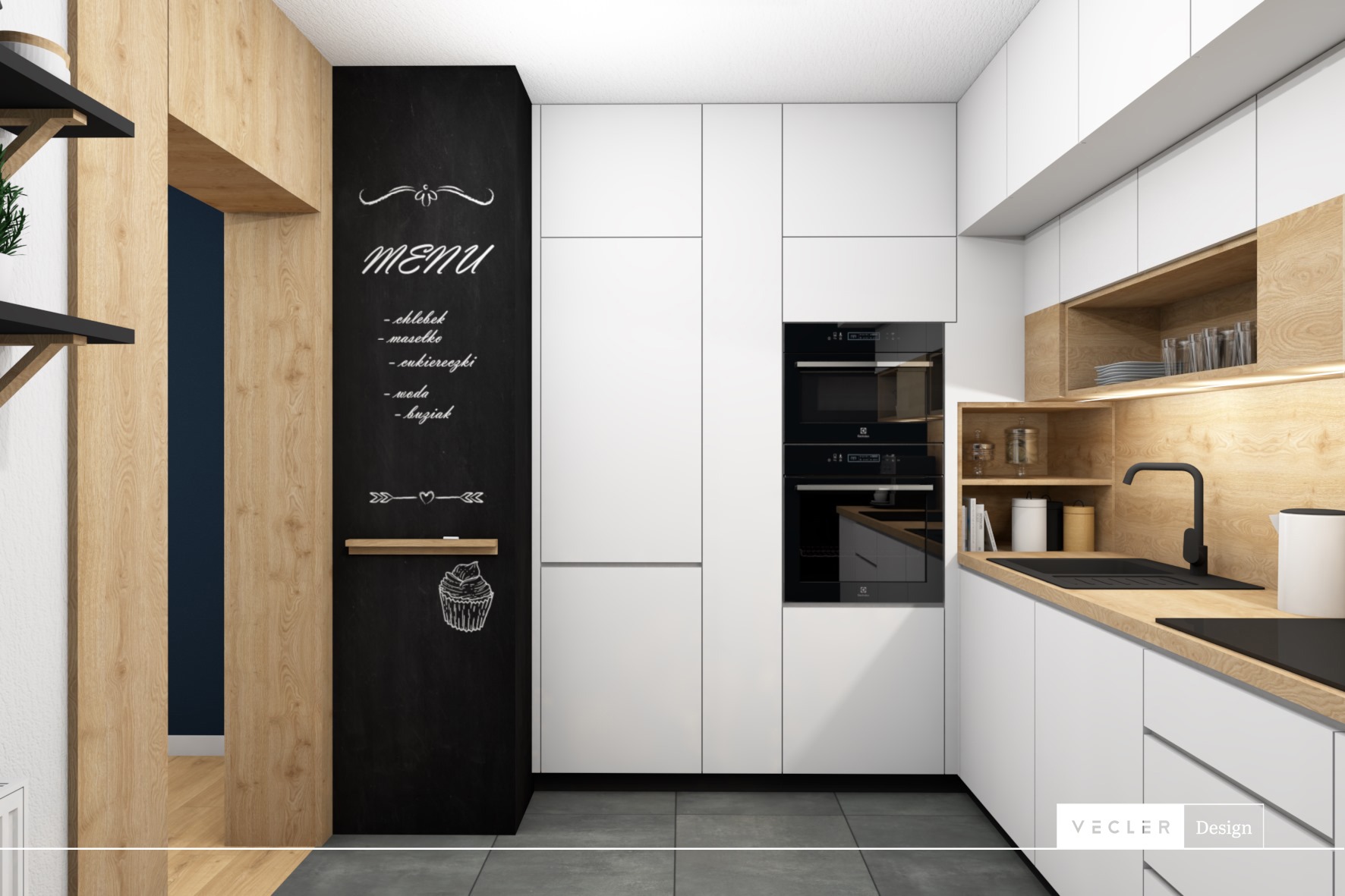 Nowoczesna, minimalistyczna kuchnia we Wrocławiu z białymi frontami szafek i drewnianymi akcentami, czarną tablicą kredową z ręcznie rysowanym menu i grafiką babeczki, oraz zabudowanymi piekarnikami.