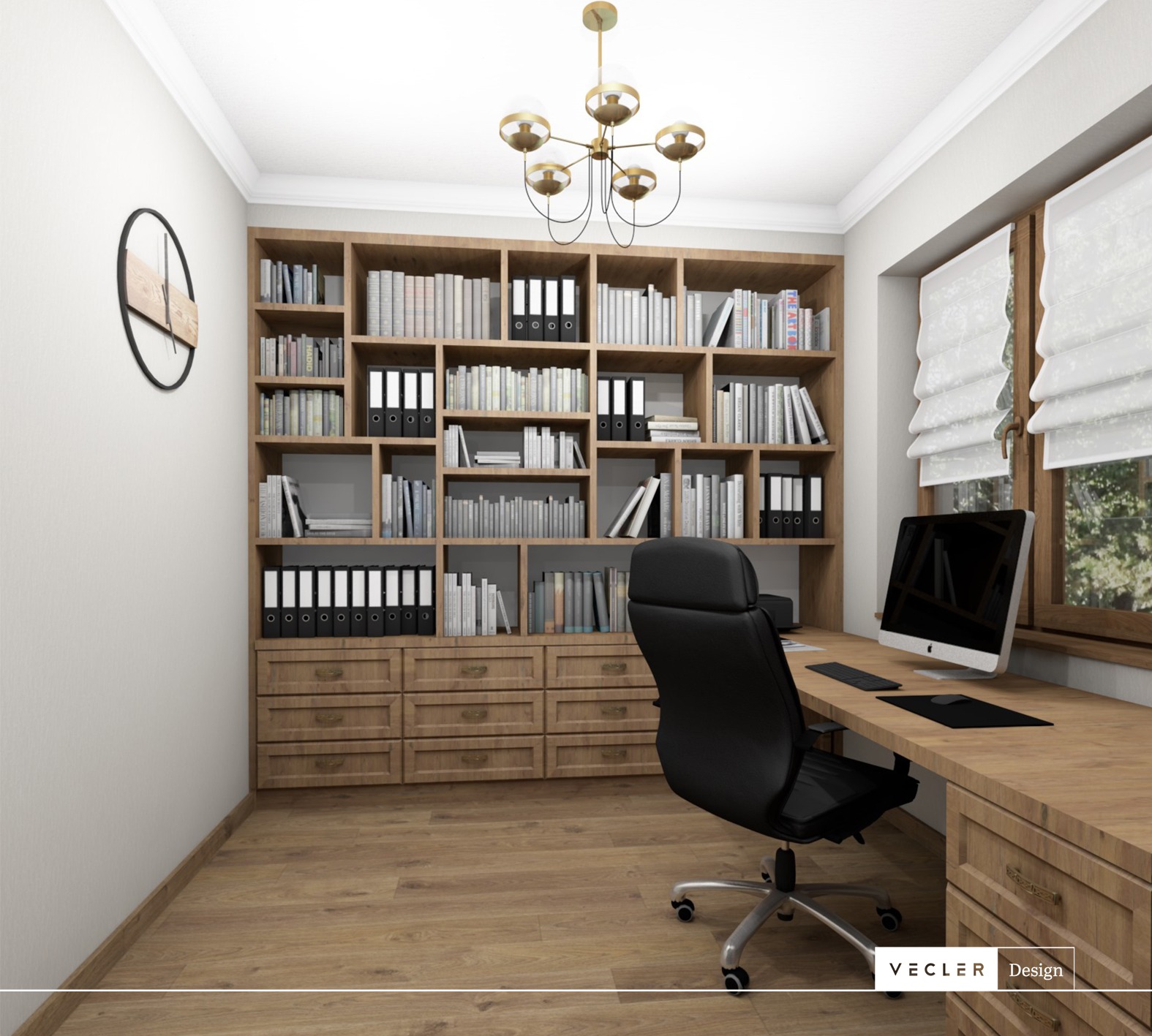 Wizualizacja gabinetu z drewnianym biurkiem, krzesłem obrotowym, regałem na książki i lampą sufitową w stylu retro.