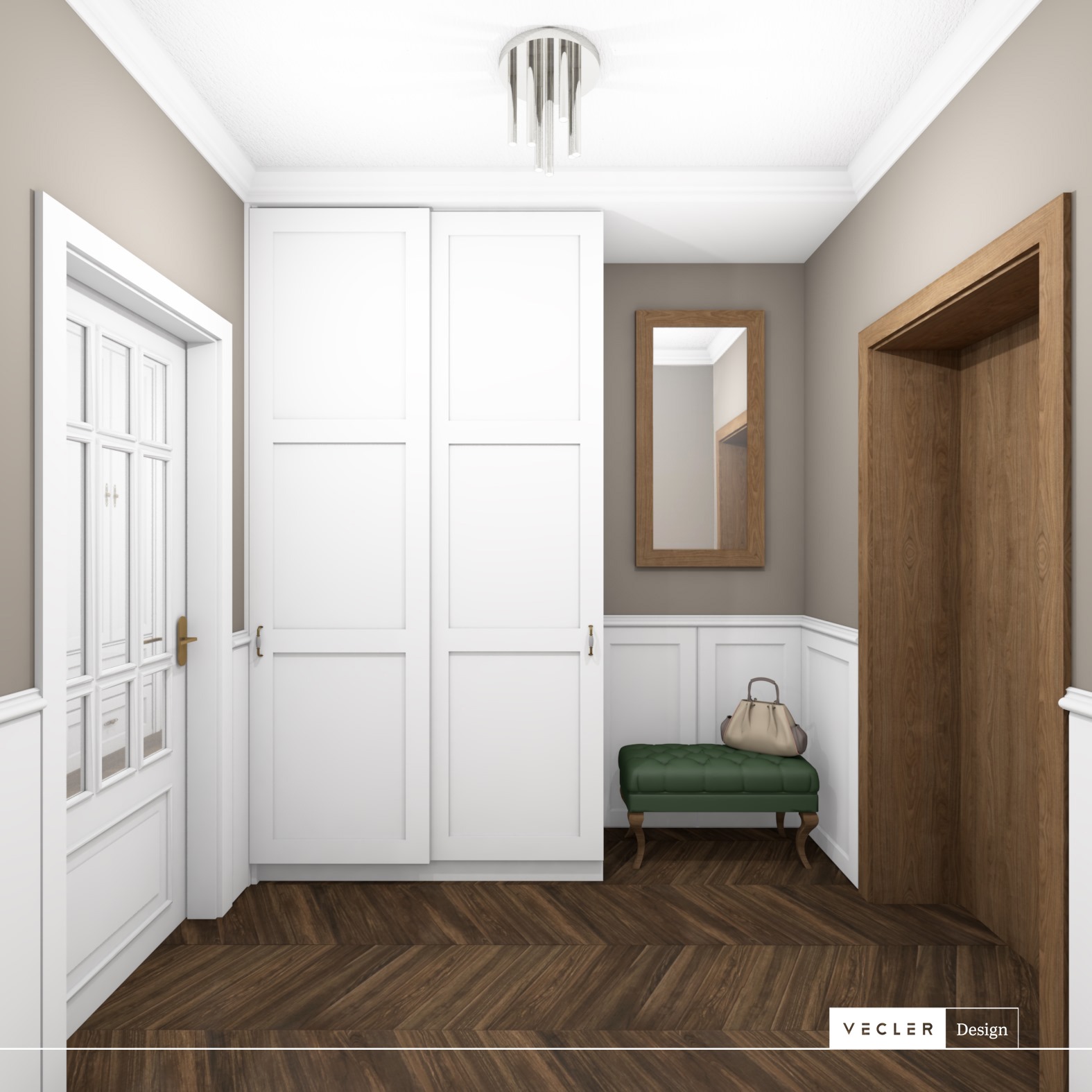 Wnętrze przedpokoju z parkietem w jodełkę, białą zabudową szafy przesuwnej, lustrem w drewnianej ramie, zielonym pufem z torebką i ozdobnym oświetleniem sufitowym.