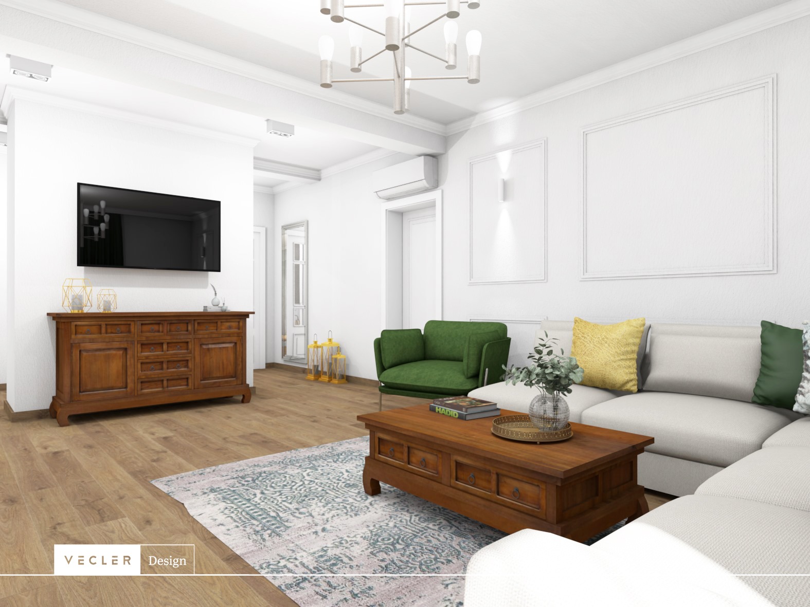 Wizualizacja salonu z drewnianą komodą pod telewizorem, zielonym fotelem i kremową sofą z kolorowymi poduszkami, na środku dywan w stylu vintage i drewniany stolik kawowy.