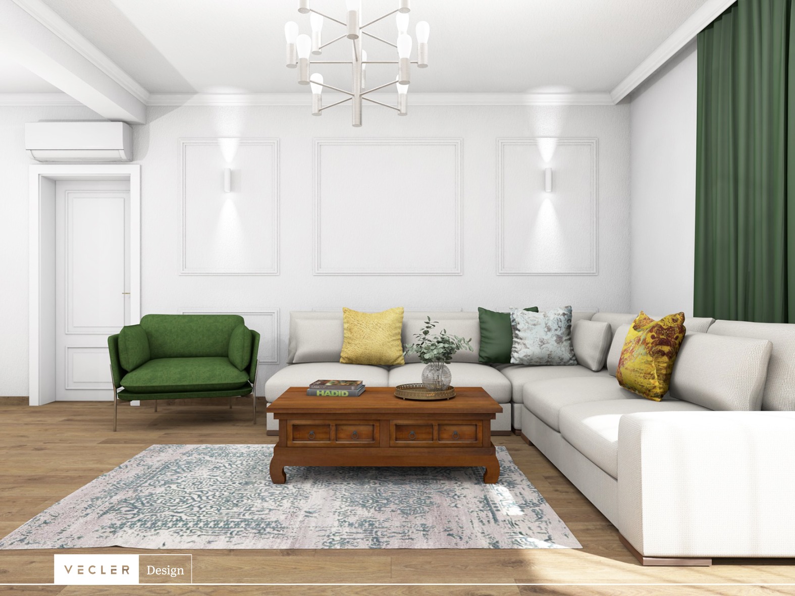 Jasny salon z białymi ścianami, listwami dekoracyjnymi, narożną sofą, drewnianym stolikiem kawowym z książką 'Hadid', zielonym fotelem i wzorzystym dywanem w odcieniach szarości i błękitu.