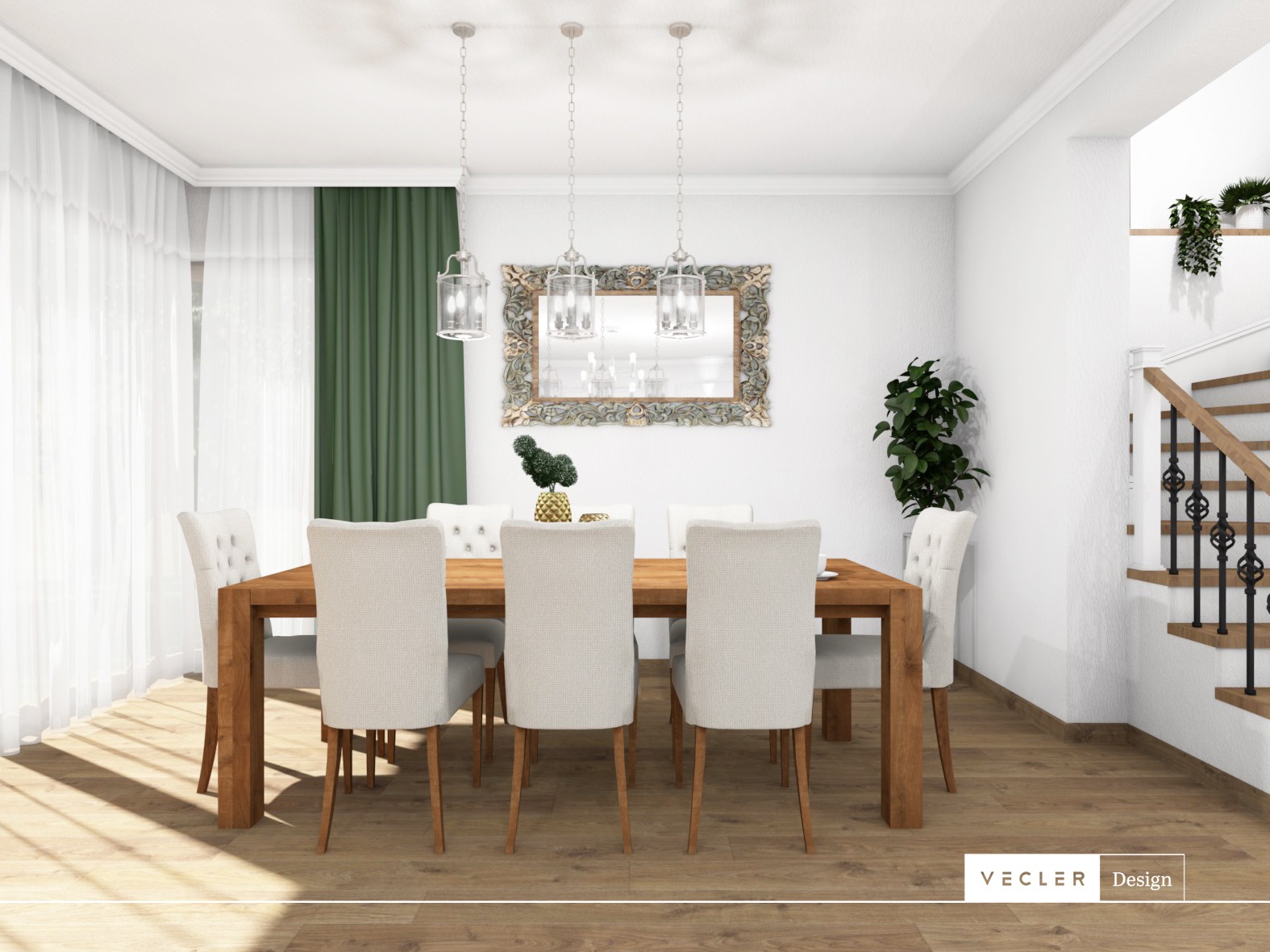 Jasna jadalnia z drewnianym stołem, krzesłami w stylu ludwikowskim, lustrem w ozdobnej ramie i trzema wiszącymi lampami w kształcie lampionów.