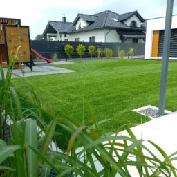 Perfekcyjnie utrzymany trawnik w nowoczesnym ogrodzie z placem zabaw dla dzieci, widok z perspektywy roślin ozdobnych.