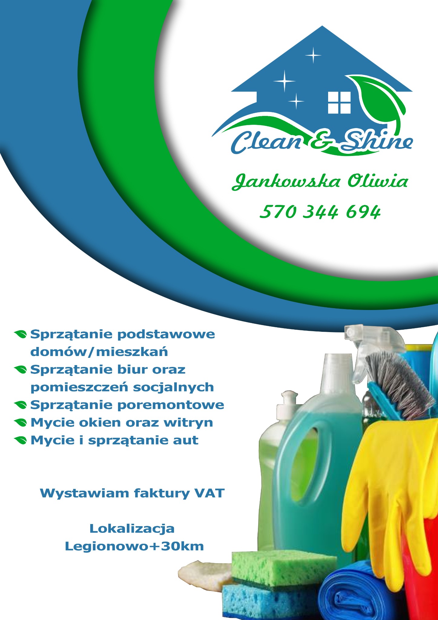 Ulotka reklamowa firmy sprzątającej Clean & Shine z logo, numerem telefonu i zakresem usług: sprzątanie domów, biur, pomieszczeń socjalnych, sprzątanie po remoncie, mycie okien i aut, wystawianie...