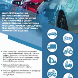 Grafika reklamowa z trzema samochodami w tle, informująca o kompleksowej obsłudze i finansowaniu, z ikonami różnych pojazdów i maszyn.
