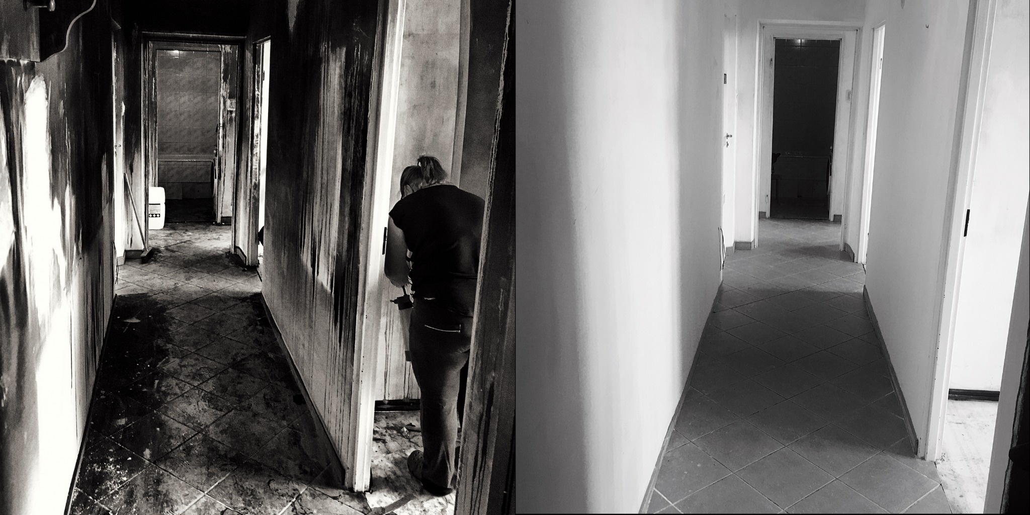 Czarno-białe zdjęcie przedstawia korytarz przed i po sprzątaniu po pożarze; po lewej stronie ściany i podłoga są pokryte sadzą, po prawej stronie korytarz jest czysty, a podłoga umyta; w tle...