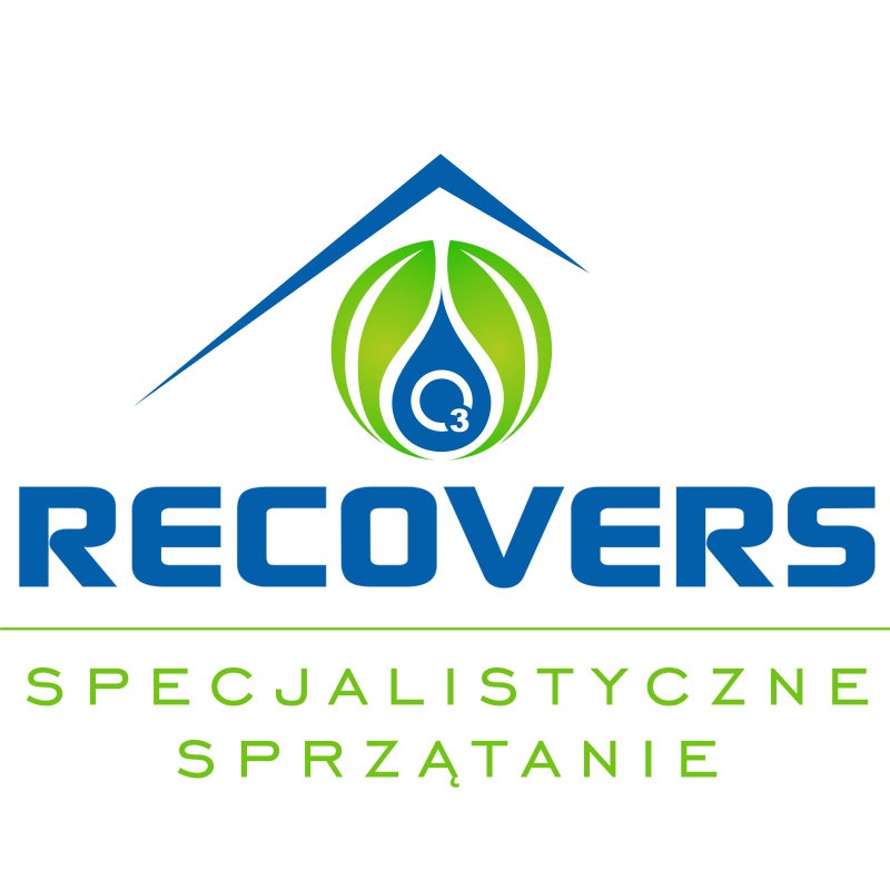 Logo firmy Recovers: niebieski dach nad zielonym symbolem kropli wody otoczonej liśćmi, pod nim niebieski napis RECOVERS i zielony napis SPECJALISTYCZNE SPRZĄTANIE.