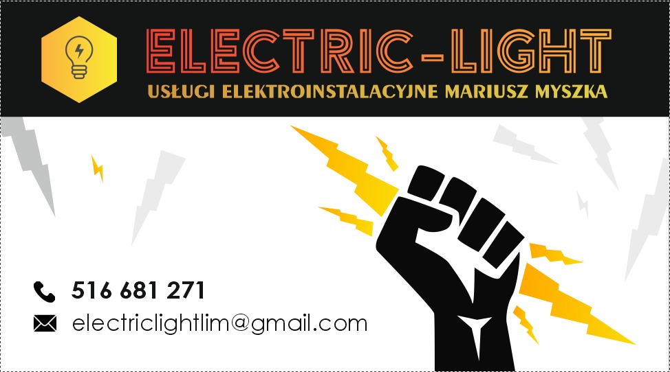 Wizytówka firmy elektrycznej Electric-Light Mariusza Myszki z numerem telefonu i adresem e-mail, logo z żarówką w heksagonie i stylizowaną pięścią trzymającą błyskawicę.