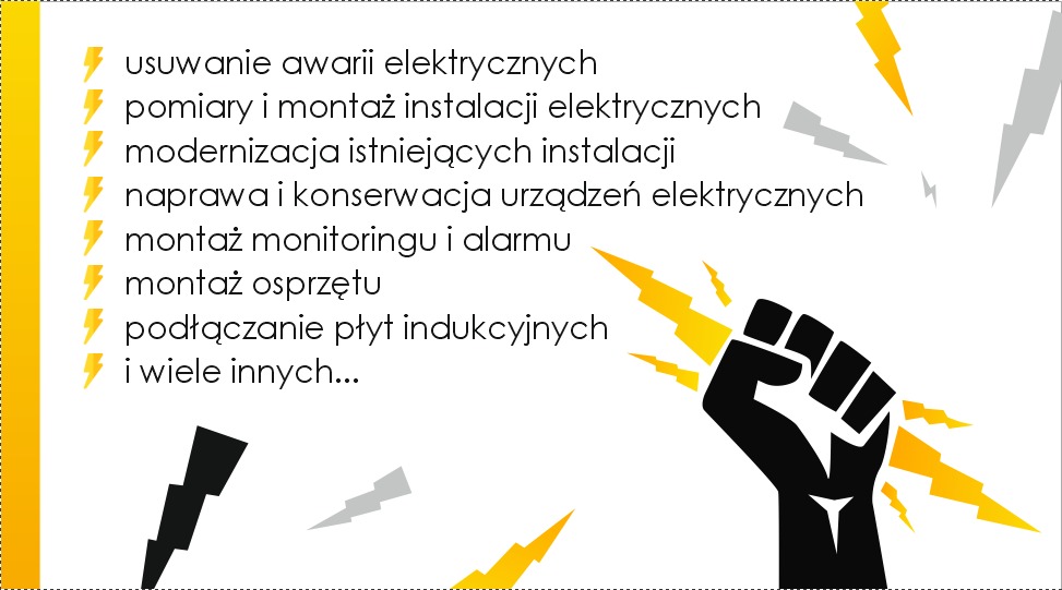 Grafika wektorowa przedstawiająca listę usług elektrycznych z symbolem pięści i błyskawicami w kolorach żółtym, szarym i czarnym na białym tle.