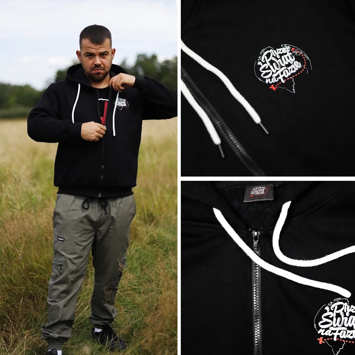 Mężczyzna w czarnej rozpinanej bluzie z kapturem i nadrukiem logo na tle łąki, zbliżenie na detal nadruku i zamek błyskawiczny.