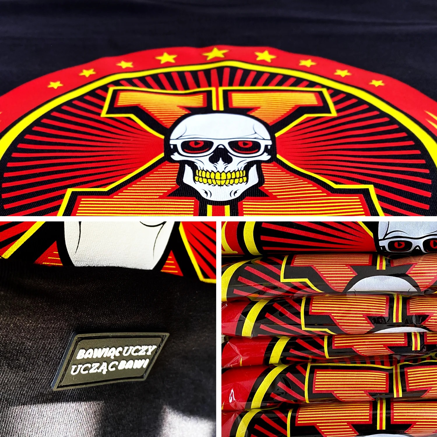 Kolaż przedstawia zbliżenie czarnej koszulki z nadrukiem czaszki w okularach na tle geometrycznego wzoru w kolorach czerwonym i żółtym, naszywkę z tekstem 'BAWIĄCUCZY UCZĄCBAWI' oraz stos...