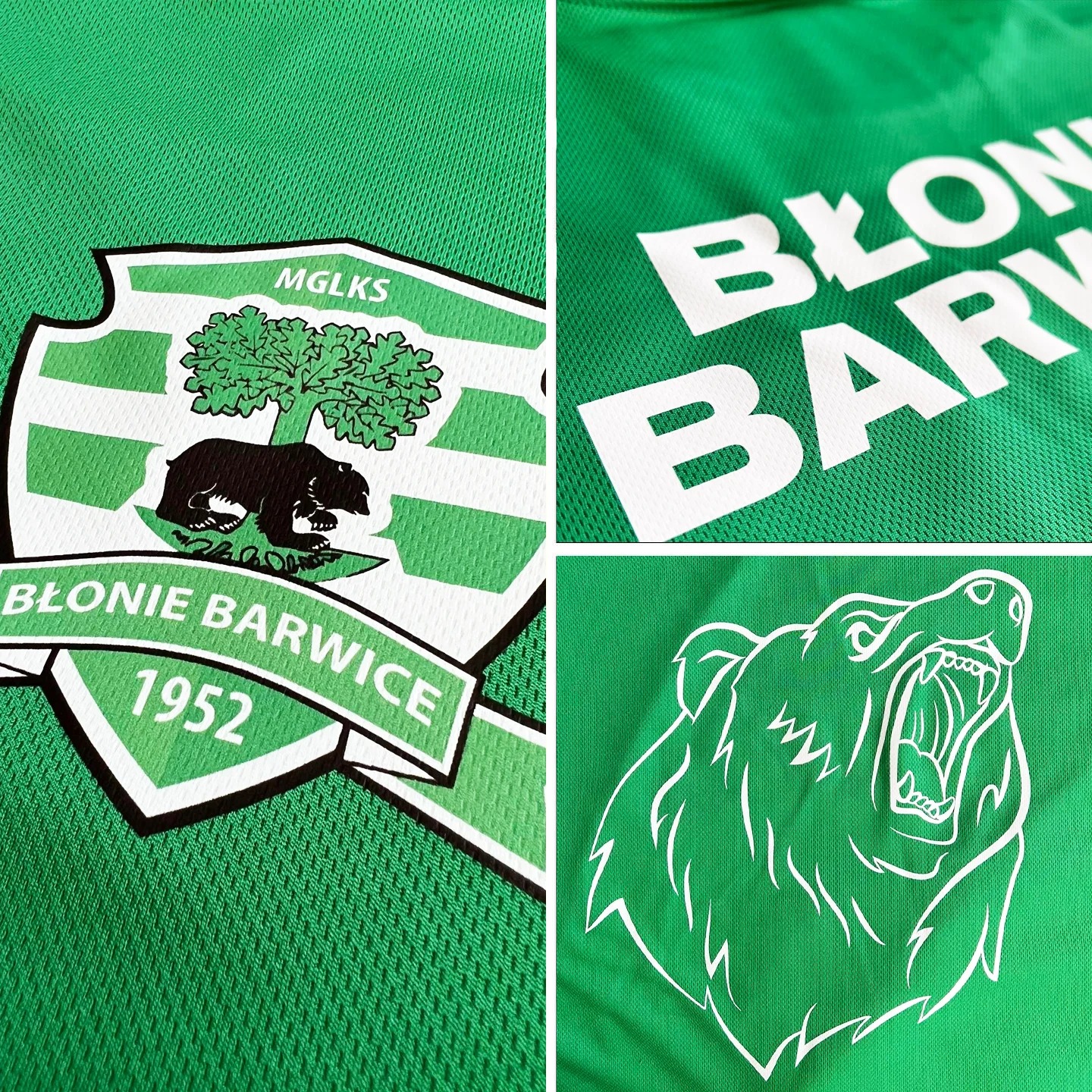 Zbliżenie na zieloną koszulkę sportową z nadrukowanymi herbami drużyny 'Błonie Barwice', zawierającymi motyw niedźwiedzia i drzewa, oraz rokiem założenia 1952.