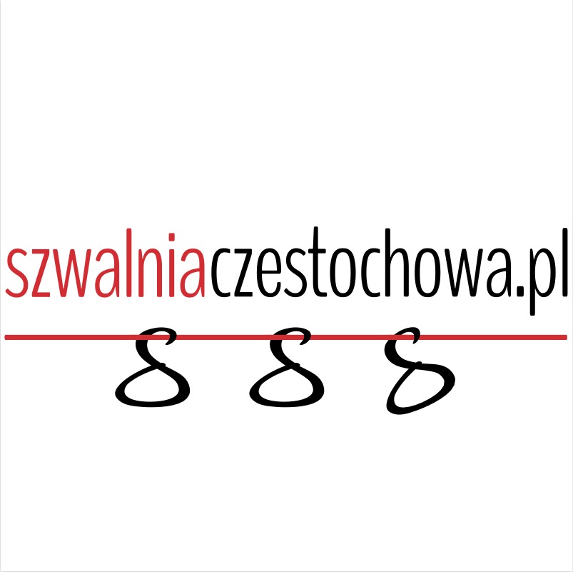 Logo szwalni z adresem strony internetowej 'szwalniaczestochowa.pl' i trzema stylizowanymi ósemkami poniżej, oddzielonymi czerwoną linią.