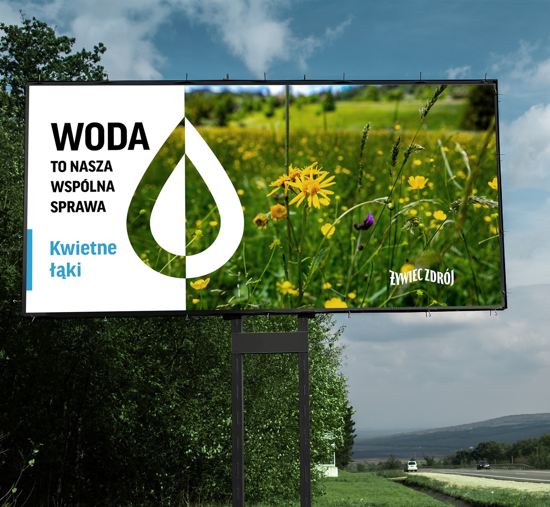 Billboard z kampanią społeczną 'Woda to nasza Wspólna Sprawa' dla Żywiec Zdrój, prezentujący grafiki z motywem kwitnącej łąki i logo marki.