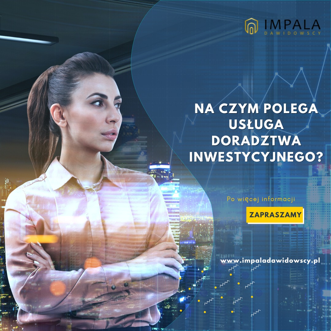 Profesjonalna kobieta z założonymi rękami na tle panoramy miasta i wykresu wzrostu, prezentacja usług doradztwa inwestycyjnego Impala Dawidowscy.