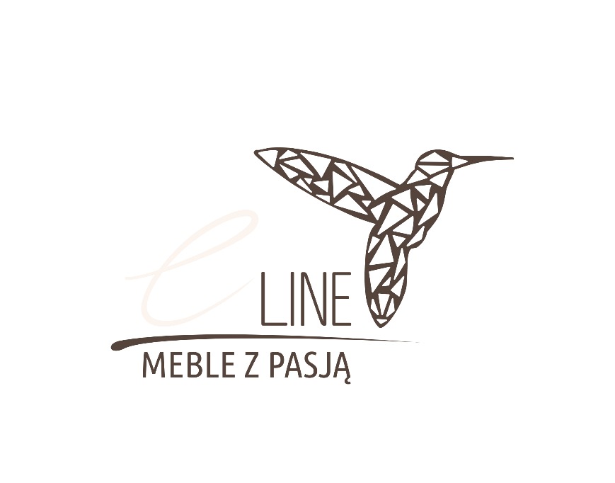 Logo firmy E-LINE Meble z Pasją, przedstawiające geometrycznego kolibra w kolorze brązowym.