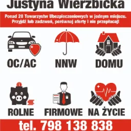 Plakat reklamowy oferujący różne rodzaje ubezpieczeń: OC/AC, NNW, domu, rolne, firmowe i na życie, z danymi kontaktowymi.