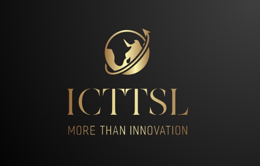 Złote logo firmy ICTTSL na czarnym tle, z globusem i strzałką, podpisane hasłem 'More than innovation'.