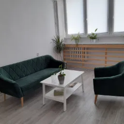 Wnętrze gabinetu z zieloną sofą i fotelem, białym stolikiem kawowym z rośliną w doniczce, oraz oknami z roletami i kwiatami na parapecie.