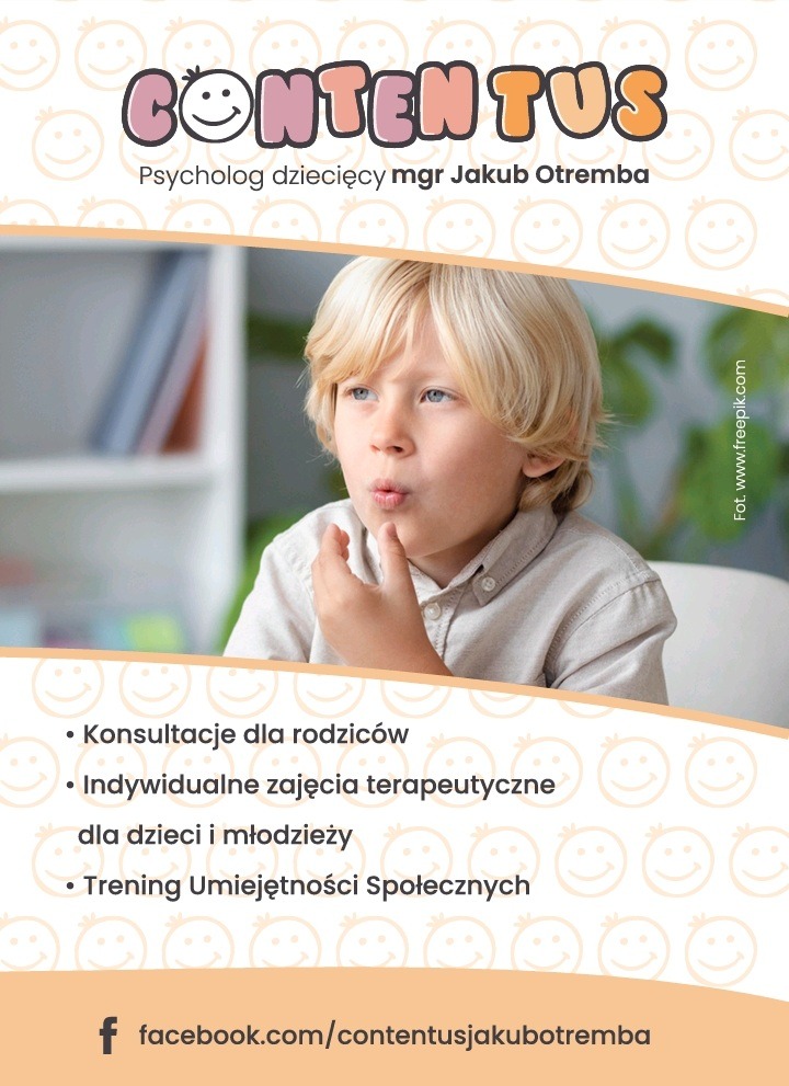 Reklama usług psychologa dziecięcego: blond chłopiec zamyślony, z palcem przy ustach, na tle logo i informacji o konsultacjach dla rodziców oraz zajęciach terapeutycznych.