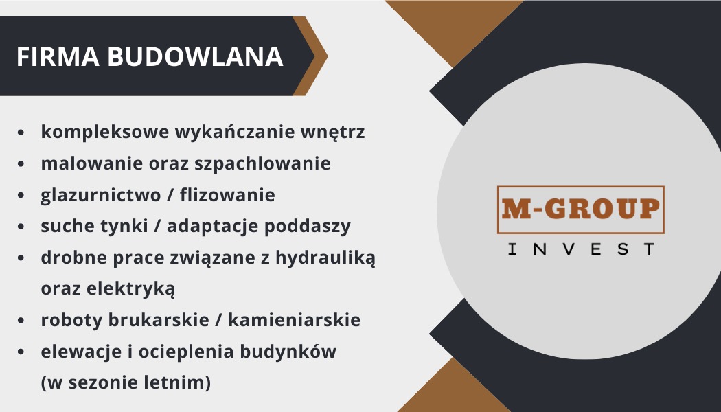 Grafika reklamowa firmy budowlanej M-Group Invest prezentująca zakres usług: kompleksowe wykańczanie wnętrz, malowanie i szpachlowanie, glazurnictwo/flizowanie, adaptacje poddaszy, prace...
