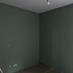 Glib Kolbasin - Pokój w trakcie prac wykończeniowych: świeżo pomalowane ściany na oliwkowy kolor, zabezpieczona podłoga, widoczne narzędzia malarskie i drabina.