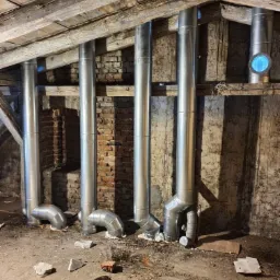 Montaż systemu odprowadzania spalin z pieca, widoczne rury spalinowe w surowym pomieszczeniu poddasza z drewnianą konstrukcją i fragmentami cegieł.