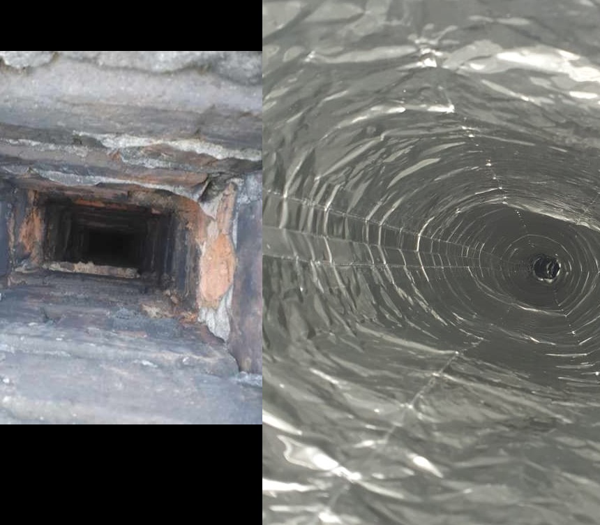 Porównanie wnętrza komina przed i po czyszczeniu: po lewej zakopcona cegła, po prawej błyszcząca, aluminiowa rura kominowa.