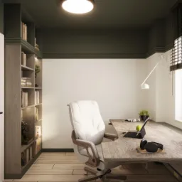 Nowoczesny gabinet z biurkiem z drewna o wyraźnym usłojeniu, białym krzesłem obrotowym, regałem z książkami i oknem z drewnianymi żaluzjami.